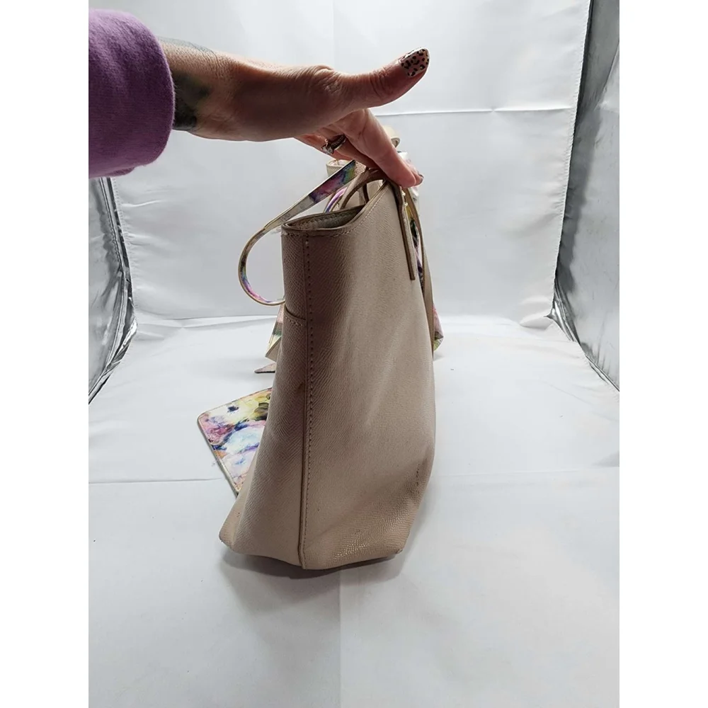 Betsey Johnson Tote Bag with Matching Wallet Floral Scarf Detail Nude Tan Used